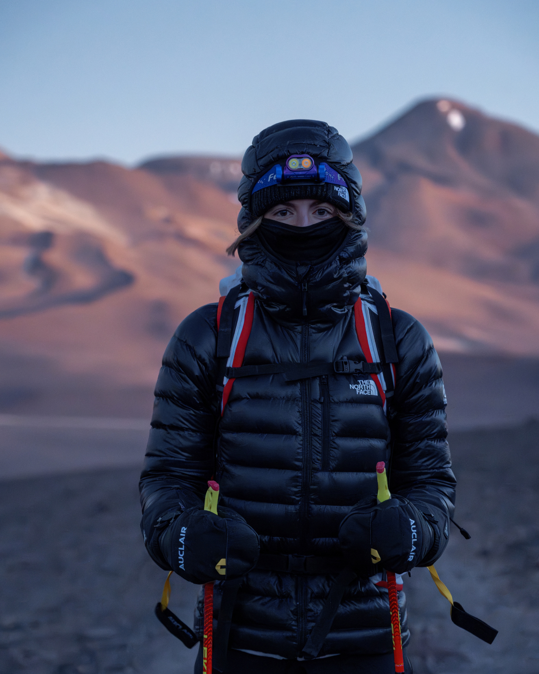 Person in winter clothing with mountainous landscape in the background
