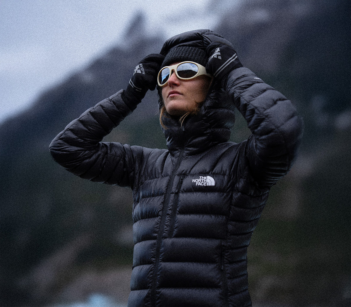 Person wearing a black puffer jacket with 'The North Face' logo, sunglasses, and a beanie in a blurred outdoor setting.